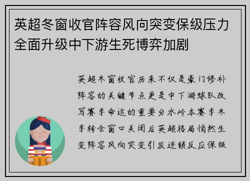 英超冬窗收官阵容风向突变保级压力全面升级中下游生死博弈加剧 英超冬窗收官阵容风向突变保级压力全面升级中下游生死博弈加剧